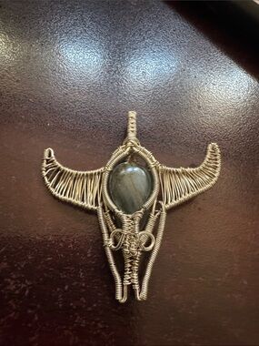 Taurus Wire-Wrapped Bull Skull Pendant with Iridescent Stone
